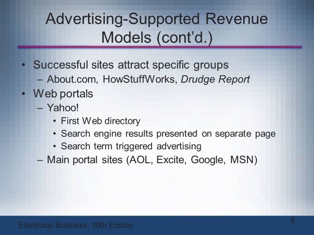 Advertising-Supported Revenue Models (cont’d.) Successful sites attract specific groups About.com, HowStuffWorks, Drudge Report Web